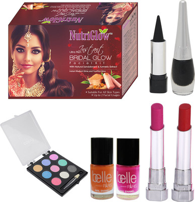 

NutriGlow Set of 1 Bridal Glow facial kit + 1 Eye shadow + 1 Eye liner + 1 Kajal + 2 Nail paints Belle + 2 Lipsticks Color Divine(Set of 1)