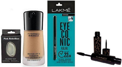 

Pink Rebellion silicon Puff & Mineralize Foundation, 2 in 1 mascara & liquid Eyeliner,Lakme Eyeconic Kajal(Set of 4)