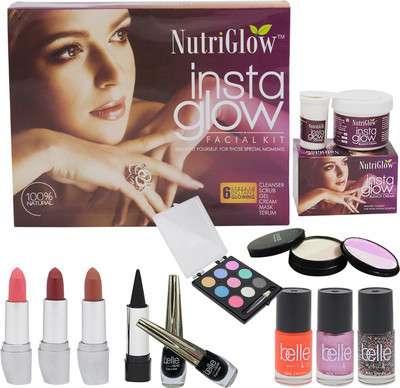 

NutriGlow Set of 1 Insta Glow facial kit + 1 Insta Glow Bleach cream + 1 Compact + 1 Eye shadow + 2 Eye liner + 1 Kajal + 3 Nail paints Belle + 3 Lipsticks Color Divine(Set of 1)