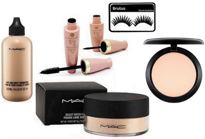 

BRUTUS Eyelashes,select sheer Loose Powder, Mac Face And Body Foundation With 9to5 Waterproof Eyeliner & Mascara ,Compact(Set of 6)