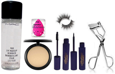 

Pink Rebellion Sponge Puff & Mac & Pro Makeup Remover & Compact & Padma Eyeliner+Mascara & Eyelashes With Eyelashes Curler(Set of 7)