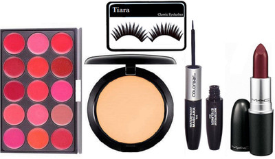 

tiara eyelashes , 15 shades lip palette , studio compact , color bar eyeliner+mascara , dark shade lipstick(Set of 5)
