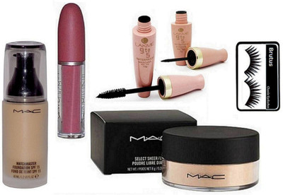 

BRUTUS Eyelashes, Mac MatchMaster Foundation, select sheer Loose Powder,Liquid Lip Gloss With 9to5 Waterproof Eyeliner & Mascara(Set of 6)