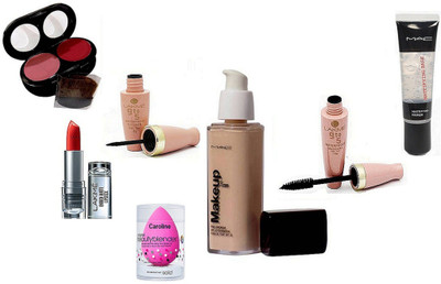 

caroline Sponge Puff, Makeup Pro Long Wear Foundation, 2 Shade Blusher, Mattifying Base Primer, 9to5 Liquid Eyeliner& Mascara& 9to5 Enrich Matte Lipstick(Set of 7)