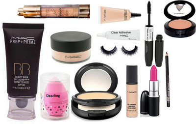 

Dazzling Sponge Puff& Prep-Prime BB Beauty Balm Foundation,Studio Fix Compact,Candy Yum-yum Lipstick,Loose Powder, Blusher ,Pro lonwear concealer,Purl Highlighter,Select Cover-up,Pencile Kajal, Eyelashes glue,Eyelashes & ColorBar 2 in 1 Eyeliner+Mascara(S