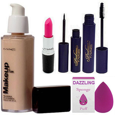 

Dazzling Sponge Puff & Makeup Pro LOngwear Foundation &Padma Eyeliner & Mascara & Pink Lipstick(Set of 5)