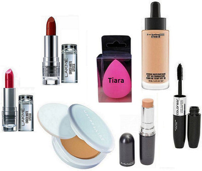 

tiara Spounge Puff , Mac Studio Waterweight Foundation , Stick Concealer , Maybelline New York Compact , Lakme Enrich Lipstick Pack Of 2 , Color Bar Eyeliner And Mascara(Set of 7)