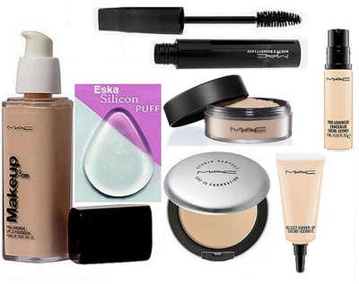 

eska Silicon Puff, Makeup Mac Pro Longwear Foundation Spf 10,Studio Prefect Compact,Loose Powder,Select Cover Up,Pro longwear Concealer, Haute and Naughty Mascara,(Set of 7)