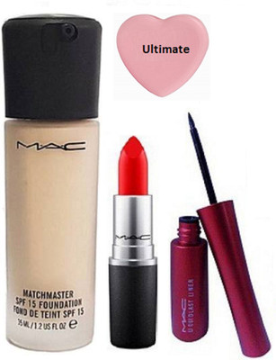 

Ultimate Silicon Puff With Mac Matchmaster Foundation, mac matte lipstick with Liquid last Eyeliner(Set of 4)