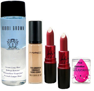 

Pink Rebellion Sponge Puff & Mac Pro Long Wear Concealer & Lady Gaga Lipstick (Pack Of 2) & Bobbi Brown Makeup Remover(Set of 4)