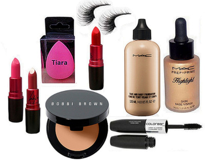 

tiara Spounge Puff , Bobbi Brown Concealer , Mac Lady Gaga Lipstick Pack Of 3 , Face & Body Foundation , Prep+Prime Highlighter , Color Bar Eyeliner And Mascara , Eyelashes(Set of 9)