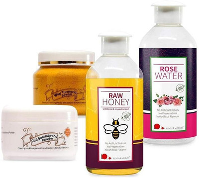 

looms & weaves Combo Herbal Face Pack - 100 gm Kasthuri Turmeric Powder, 100 gm Red Sandalwood Powder, 200 ML Honey & 200 ML Rose Water - 4(Set of 1)