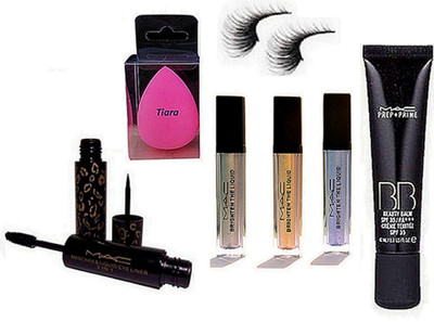 

tiara Spounge puff , Eyelashes , Prep+Prime BB Beauty blam cream , 2 in 1 Eyeliner And Mascara , Brighten The Liquid Pigment Pack Of 3(Set of 7)