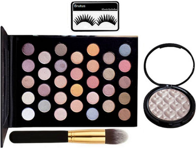 

brutus Eyelashes, 32 Multi Color Eye shadow Palette, Brush, Fit Powder Illuminator(Set of 4)