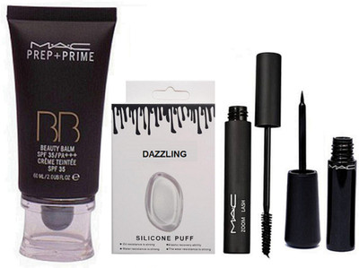 

Dazzling Silicon Puff & MAc Prep+Prime BB Beauty Foundation & Zoom Lash Mascara & Eyeliner(Set of 4)