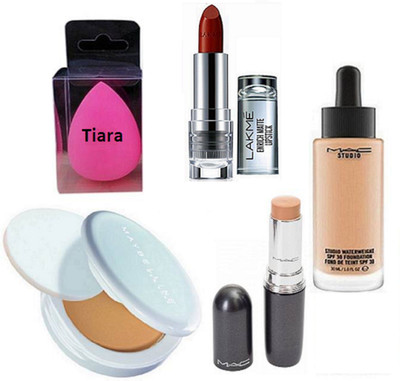 

tiara Spounge Puff , Maybelline New York Compact , Mac Studio Waterweight Foundation , Lakme Enrich Lipstick , Stick Concealer(Set of 5)