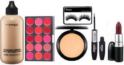 

tiara eyelashes , mac face and body foundation , 15 shades lip palette , studio compact , color bar eyeliner+mascara , dark shade lipstick(Set of 6)