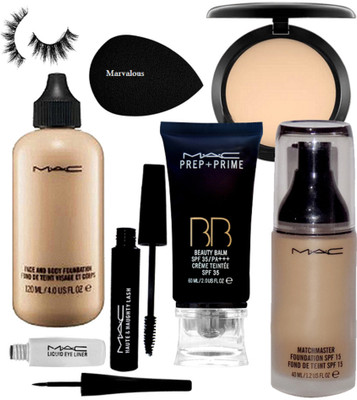 

Marvalous sponge puff , face and body & match master foundation , prep+prime BB beauty balm cream teintee , liquid eye liner , mascara with compact & eyelashes(Set of 8)