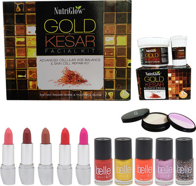 

NutriGlow Set of 1 Gold kaser facial kit + 1 Gold kaser bleach + 1 Compact + 5 Nail paints + 5 Lipsticks(Set of 1)