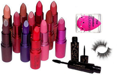 

Pink Rebellion Sponge Puff & Mac Giambattista Valli Lipstick (Pack Of 12) & Mac 2 in 1 Eyeliner+Mascara & Eyelashes(Set of 4)
