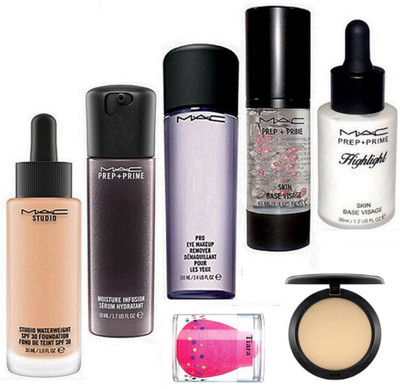 

tiara sponge puff , mac studio water weight foundation , prep +prime moisture infusion serum , highlight skin base visage , pro eye makeup remover , skin base primer with compact(Set of 7)