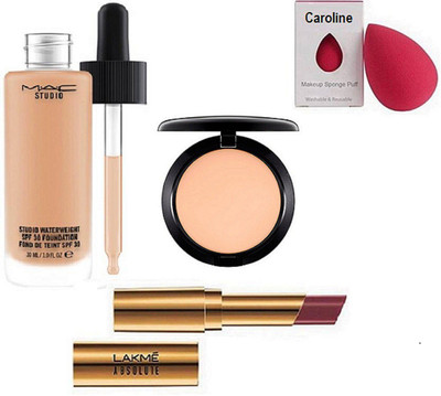 

caroline sponge puff , Mac studio water weight liquid foundation , compact with Lakme absolute argan lip color lipstick(Set of 4)