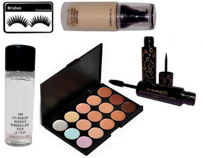 

BRUTUS Eyelashes, Mac 15 shades Concealer Palette, MatchMaster Foundation, Mascara & Eyeliner 2 in 1, Mineralize Charged Water Cleaner Nettoyant Eye Makeup Remover(Set of 5)