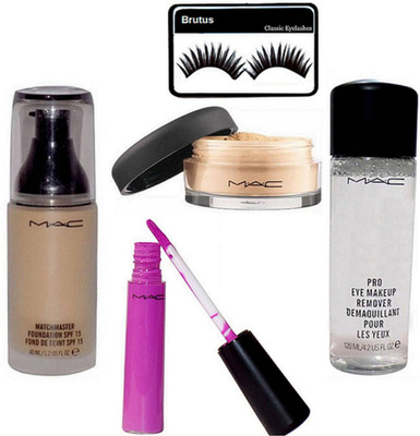

BRUTUS Eyelashes, Mac MatchMaster Foundation, Select Sheer Loose Powder, Purple Lip gloss, Mineralize Charged Water Cleaner Nettoyant Eye Makeup Remover(Set of 5)
