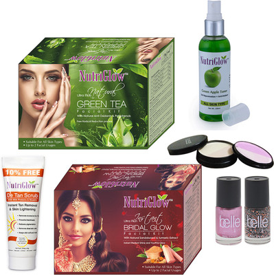 NutriGlow Set of 1 Green Tea facial kit + 1 Bridal Glow facial kit + 1 Green apple toner + 1 Compact + 2 Nail paints Belle + 1 De-Tan Scrub(Set of 1)
