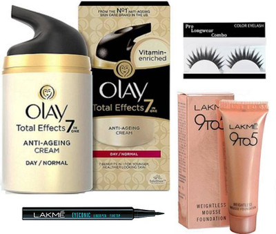

Pro longwear combo Eeyelashes&Olay Total Effects 7-in-1 Anti Aging Day Skin Cream, Normal,Lakme 9 To 5 Weightless Mousse Foundation 6gm & Eyeconic Pen Eyeliner(Set of 4)
