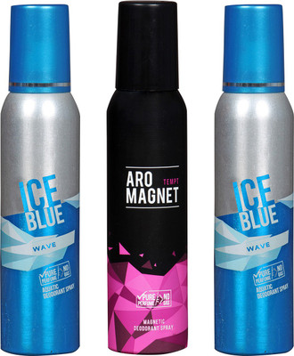 

Arochem ICE BLUE WAVE-2 & ARO MEGNET TEMPT COMBO DEODORANT NEW LATEST COMBO PACK OF 3 200 ML BOTTLE PURE PERFUME NO ALCOHOL DYNAMIC BODY SPRAY PACK OF 3 Body Spray - For Men & Women(600 ml, Pack of 3)
