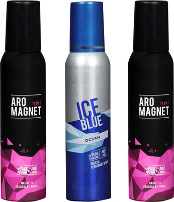 

AROCHEM ARO MAGNET TEMPT- 2 & ICE BLUE OCEAN PACK COMBO DEODORANT NEW LATEST COMBO PACK OF 3 200 ML BOTTAL PURE PERFUME NO ALCOHOL DYNAMIC DEODORANT BODY SPRAY Body Spray - For Men & Women(600 ml, Pack of 3)