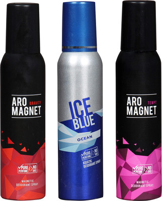 

Arochem ICE BLUE OCEAN & ARO MEGNET TEMPT & ARO MEGNET GRAVITY COMBO DEODORANT NEW LATEST COMBO PACK OF 3 200 ML BOTTLE PURE PERFUME NO ALCOHOL DYNAMIC BODY SPRAY PACK OF 3 Body Spray - For Men & Women(600 ml, Pack of 3)