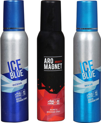 

Arochem ICE BLUE OCEAN & ARO MEGNET GRAVITY & ICE BLUE WAVE COMBO DEODORANT NEW LATEST COMBO PACK OF 3 200 ML BOTTLE PURE PERFUME NO ALCOHOL DYNAMIC BODY SPRAY PACK OF 3 Body Spray - For Men & Women(600 ml, Pack of 3)
