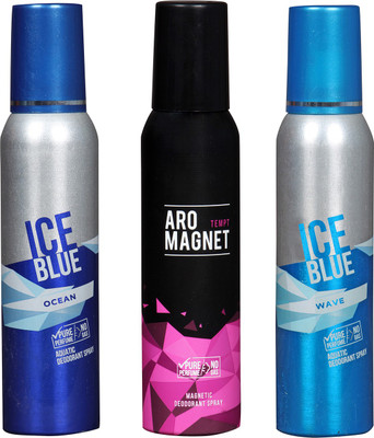 

AROCHEM ICE BLUE OCEAN & ICE BLUE WAVE & ARO MAGNET TEMPT PACK COMBO DEODORANT NEW LATEST COMBO PACK OF 3 200 ML BOTTAL PURE PERFUME NO ALCOHOL DYNAMIC DEODORANT BODY SPRAY Body Spray - For Men & Women(600 ml, Pack of 3)
