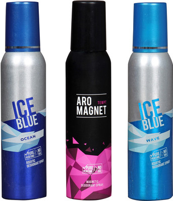 

Arochem ICE BLUE OCEAN & ARO MEGNET TEMPT & ICE BLUE WAVE COMBO DEODORANT NEW LATEST COMBO PACK OF 3 200 ML BOTTLE PURE PERFUME NO ALCOHOL DYNAMIC BODY SPRAY PACK OF 3 Body Spray - For Men & Women(600 ml, Pack of 3)