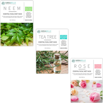 MIRABELLE KOREA ESSENTIAL FACIAL SHEET MASK(NEEM, TEATREE, ROSE - NTR - COMBO PACK OF 3)(250 g)
