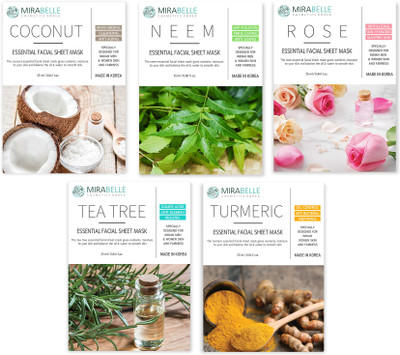 

MIRABELLE KOREA ESSENTIAL FACIAL SHEET MASK(COCONUT, NEEM, ROSE, TEA TREE, TURMERIC - COMBO PACK OF 5)(250 g)