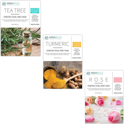 

MIRABELLE KOREA ESSENTIAL FACIAL SHEET MASK(TEA TREE, TURMERIC, ROSE - TTR - COMBO PACK OF 3)(250 g)