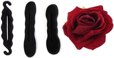 

KashQueen 3 Shapes/Designs Bun/Juda/Extenshion Maker with 1 Red Rose Hair Clip Hair Accessory Set(Black)