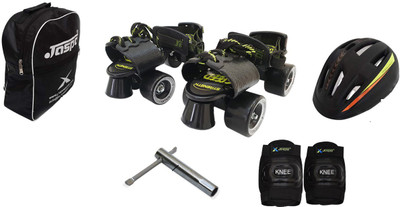

Jaspo Blacken Eco Adjustable Senior Roller Skates Combo Suitable for Age Group 6 to 14 Years (Skates+ Helmet + Knee Guard+ Bag+Key) Skating Kit