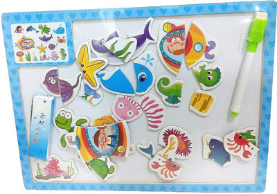 

Happy GiftMart 3 in 1 Wooden Magnetic Puzzle White Board and Black Board with Chalk and Duster (Water World)(15 Pieces)