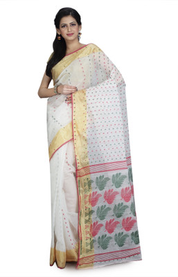 Vintage Violet Self Design Baluchari Pure Cotton Saree(White, Gold, Green, Red) Flipkart