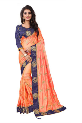 Kuki Embroidered Fashion Georgette, Cotton, Silk Saree(Orange, Blue) Flipkart