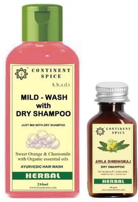 Continent Spice khadi AMLA BHRINGRAJ DRY shampoo 60 gms + Mild wash Shampoo 210 ml(210 ml)
