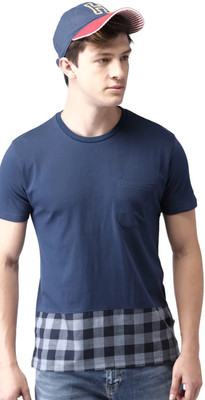 Harvard Checkered Men Round Neck Dark Blue T-Shirt