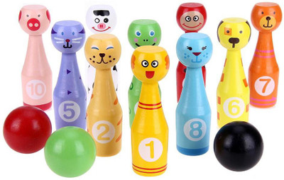 

SN toy zone High Quality Wooden Cartoon Bowling Set with 10 Pillars and 3 Wooden Ball Set Bowling