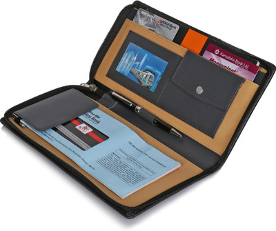 

Trajectory Versatile Handcrafted Leather Business Document Organiser for Cheque Book, Debit/Credit Cards, Visiting Cards, Phone WITH FREE BUSINESS/VISITING CARD HOLDER(Black)