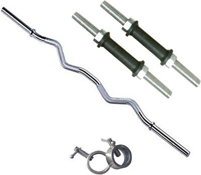 

StepInnStore "3"ft curl bar with "2" steel locks and Dumbbell rod set with rubber grip Weight Lifting Bar(Silver, Black), Black;silver