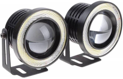 PRTEK High Power Universal Car Projector LED Fog Light Lens Kit with White COB Halo Angel Eye Rings DRL Driving Bulbs for Cars, 10W - Pack of 2 Car Fancy Lights(Black)